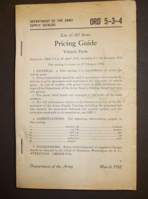 ORD 5-3-4, DOA SC, Liste de tous les articles, Guide de tarification Pièces de véhicule: 1952
