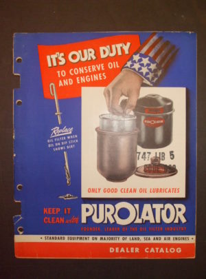 CATALOGUE PUROLATOR, catalogue de concessionnaires civils de guerre pour les filtres à huile de moteur Purolator: 1942