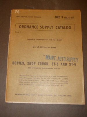 ORD 9 SNL G-227, ASFC, OSC, Liste de toutes les pièces de rechange pour carrosseries, camions d’atelier, ST-5 et ST-6 (pour les camions d’entretien): 1945