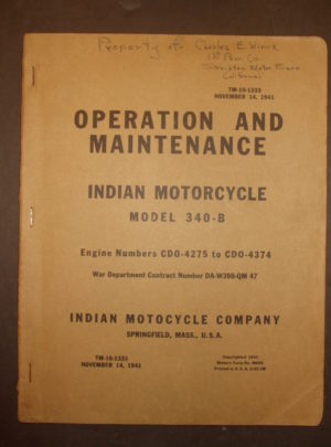 TM 10-1333, Operation and Maintenance, Indian Motorcycle Model 340-B Engine Numbers CDO-4275 to CDO-4374 : 1942