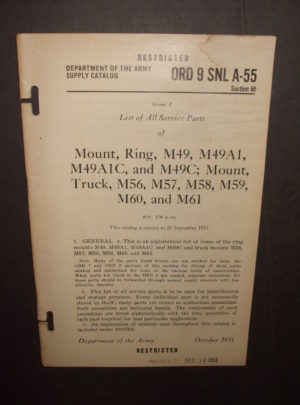 ORD 9 SNL A-55 SECTION 50, DOA SC, groupe A, liste de toutes les pièces de rechange de montage, bague, M49, M49A1, M49A1C et M49C; Support, camion, M56, M57, M58, M59, M60 et M61: 1951