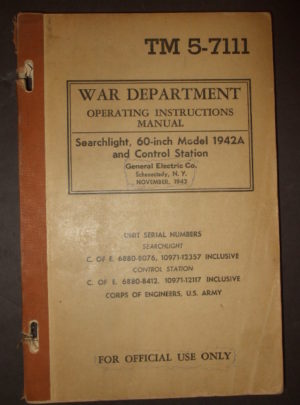 TM 5-7111, WD TM, Operating Instructions Manual, Searchlight, 60-Inch Model 1942A and Control Station (General Electric Company) : 1943