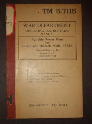 TM 5-7115, War Department TM, Operating Instructions for Portable Power Plant for Searchlight, 60-inch Model 1942A (General Electric Co.) : 1943