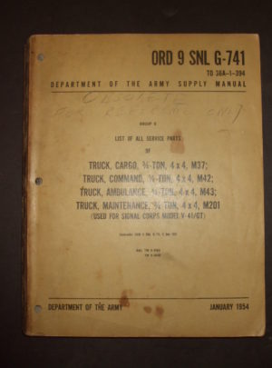 ORD 9 SNL G-741, DOA SM, Group G, List of all Service Parts of Truck, Cargo, 3/4-Ton, 4×4, M37; Truck, Command, 3/4-Ton, 4×4, M42; Truck, Ambulance, 3/4.. : 1954