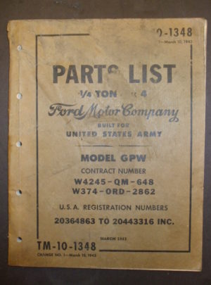 TM 10-1348 CHANGEMENT NO. 1, liste de pièces 1/4, Ford Motor Company, construit pour l'armée américaine, modèle GPW, numéro de contrat W4245-QM-648, W374-ORD-2862, registre des États-Unis…: 1943