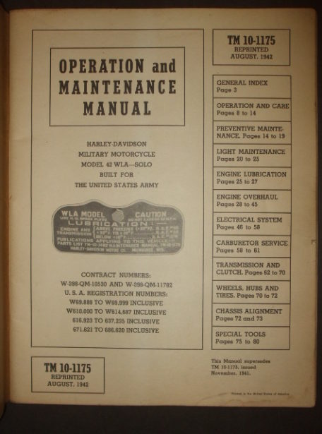 TM 10-1175, Operation and Maintenance Manual, Harley-Davidson