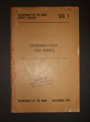 SIG 1, Department of the Army Supply Catalogue, Introduction et Index : 1948