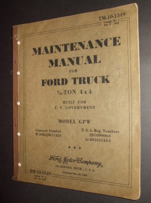 TM 10-1349 CHANGE NO.1, Manuel d'entretien, pour camion Ford, 1/4-Ton 4×4, Construit pour le gouvernement américain, Modèle GPW : 1942