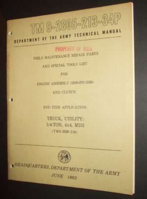 TM 9-2805-213-34P, Département de l'Armée TM, Field Maint. Liste des pièces de rechange et des outils spéciaux pour l'assemblage du moteur (2805-678-1820) et l'embrayage. (M151) : 1963
