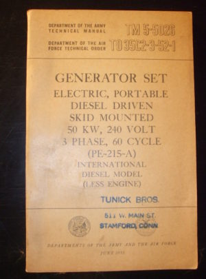 TM 5-5026, Department of the Army, groupe électrogène, électrique, portable, à moteur diesel, monté sur skid, 50KW, 240 Volt, 3 phases, 60 cycles (PE-215-A) : 1955