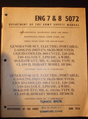 ENG 7& 8  5072, Generator Set, Electric Portable; Gasoline Driven; Skid-Mounted, Liquid-Cooled; 240-416 Volt, 3-Phase; 30KW… Hobart Model HF30G, HF30GM : 1956